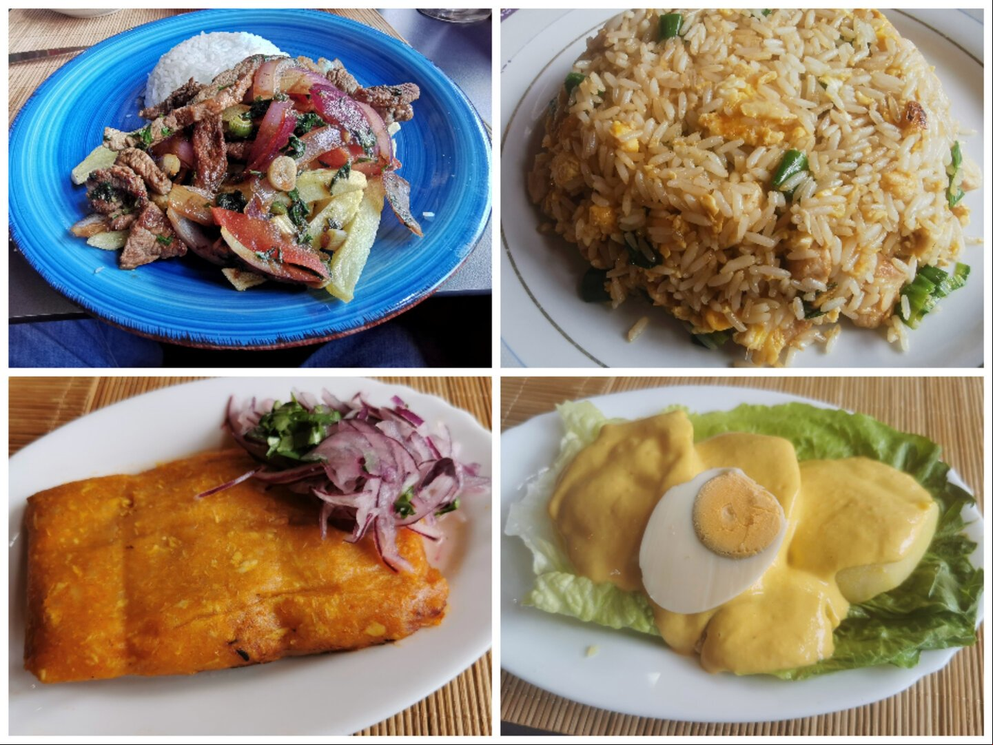 Lomito saltado,Arroz chaufa, Tanmal, Papas a la huancaína