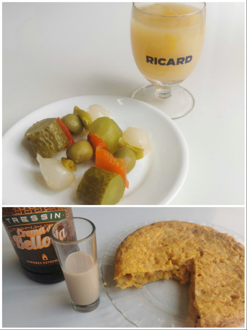 Ricard con banderillas y Tortilla de patas con chorizo con crema de bellota